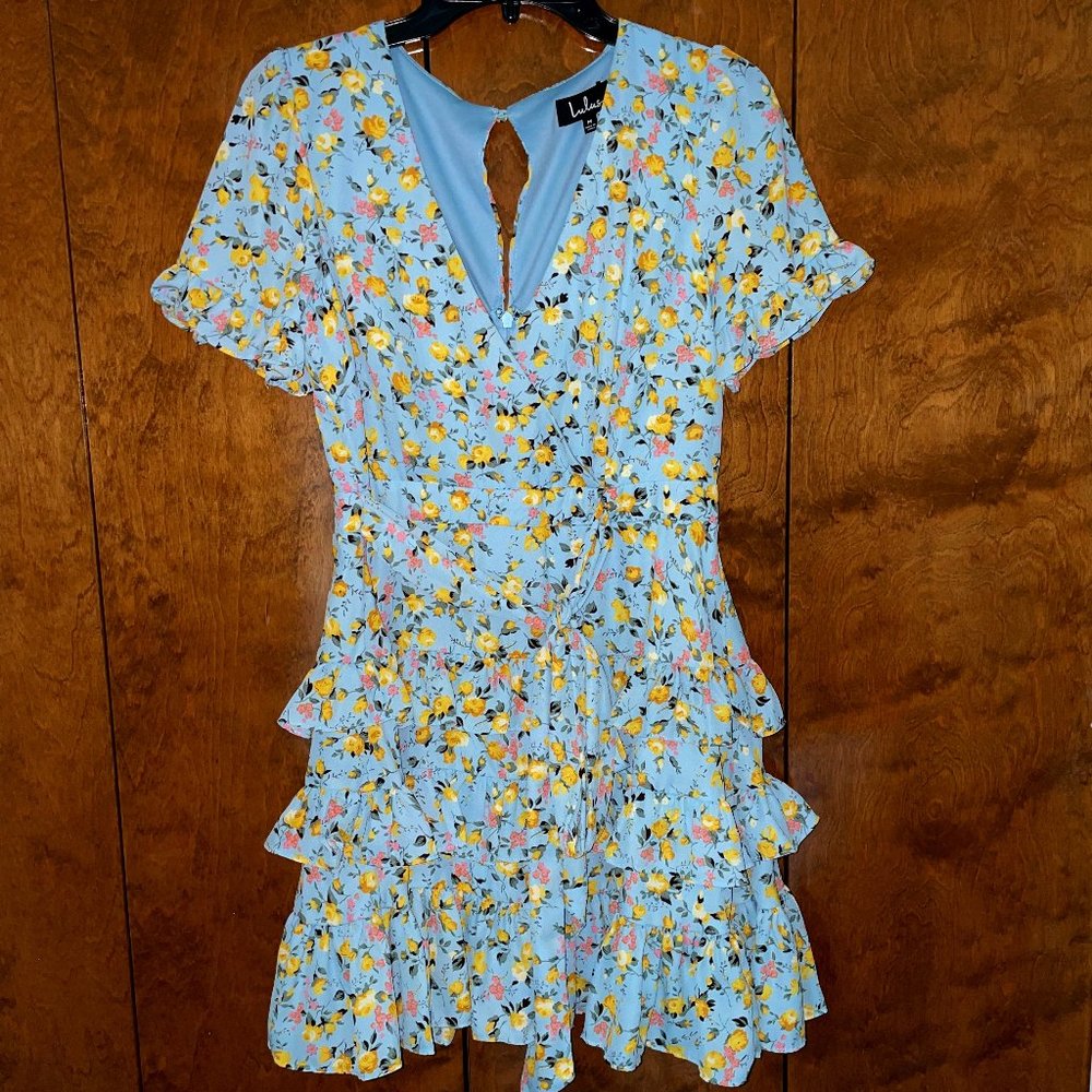 Feeling Butterflies Light Blue Floral Tiered Ruffle Mini Dress NWT